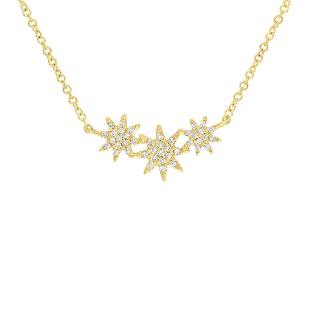 Delicate Round Natural Diamond Star Trio Chain Necklace Solid 14K Yellow Gold