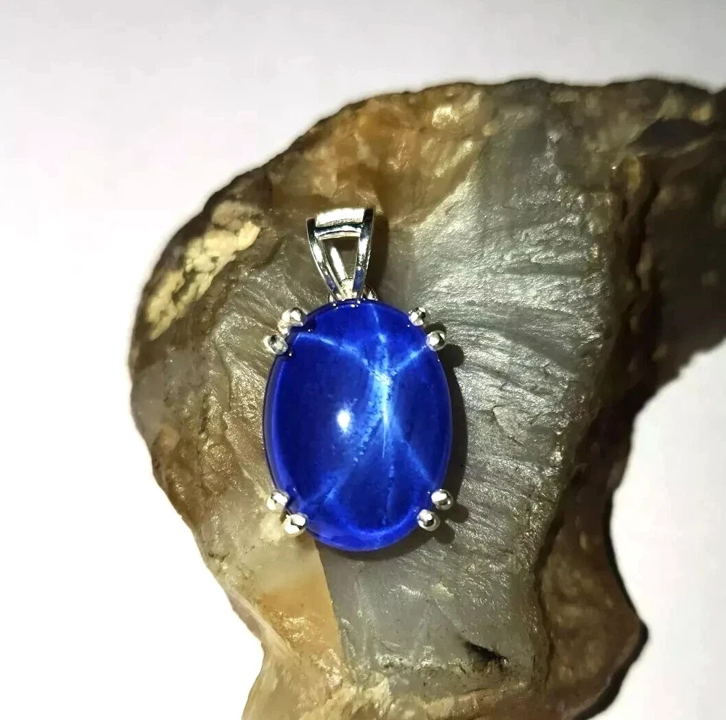 Natural Blue 22 Ct Star Sapphire Oval Certified Solid Silver Pendant Gemstone