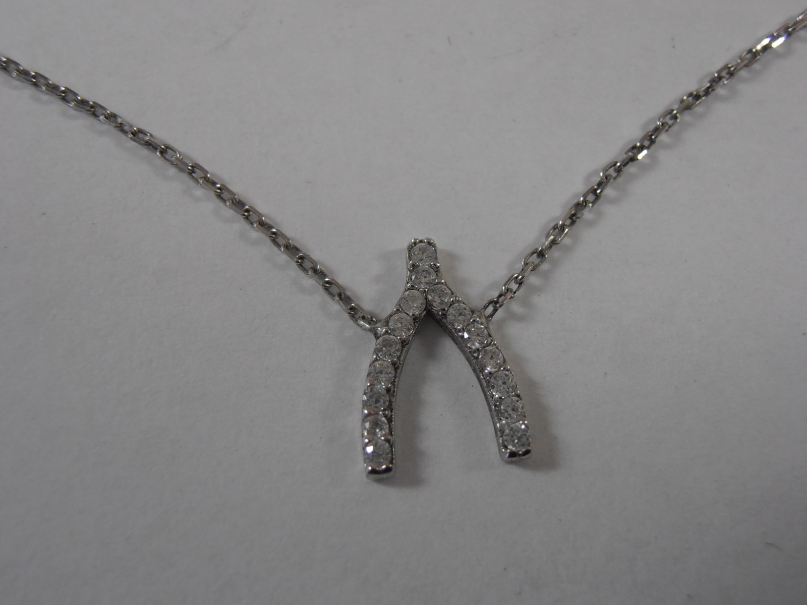 Sterling Silver Fine Choker Wishbone Pendant Necklace Clear Rhinestones 16”