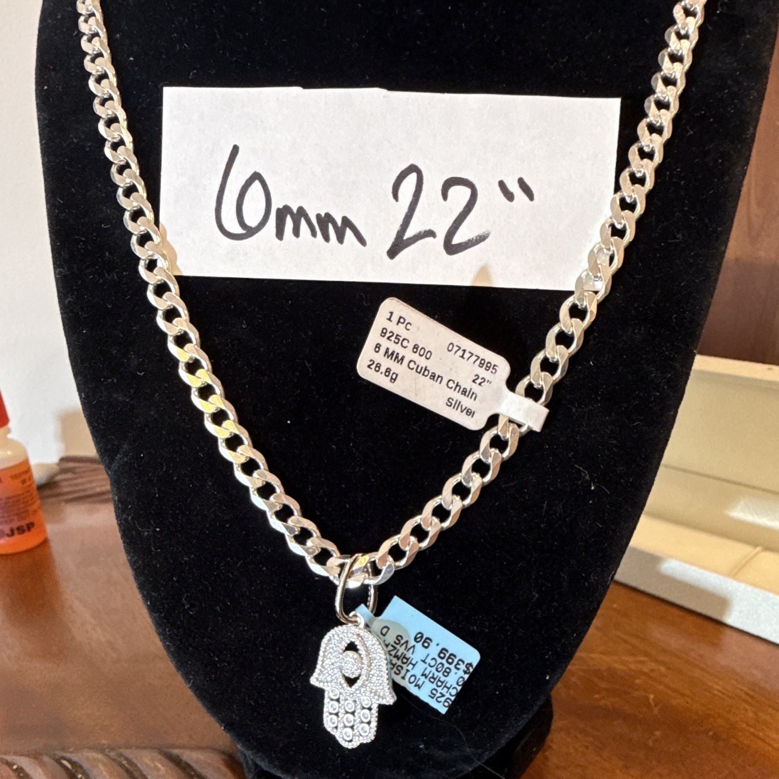 22” 6mm Cuban Link Chain SOLID 925 Silver (~30g) w Moissanite Hamsa Pendant