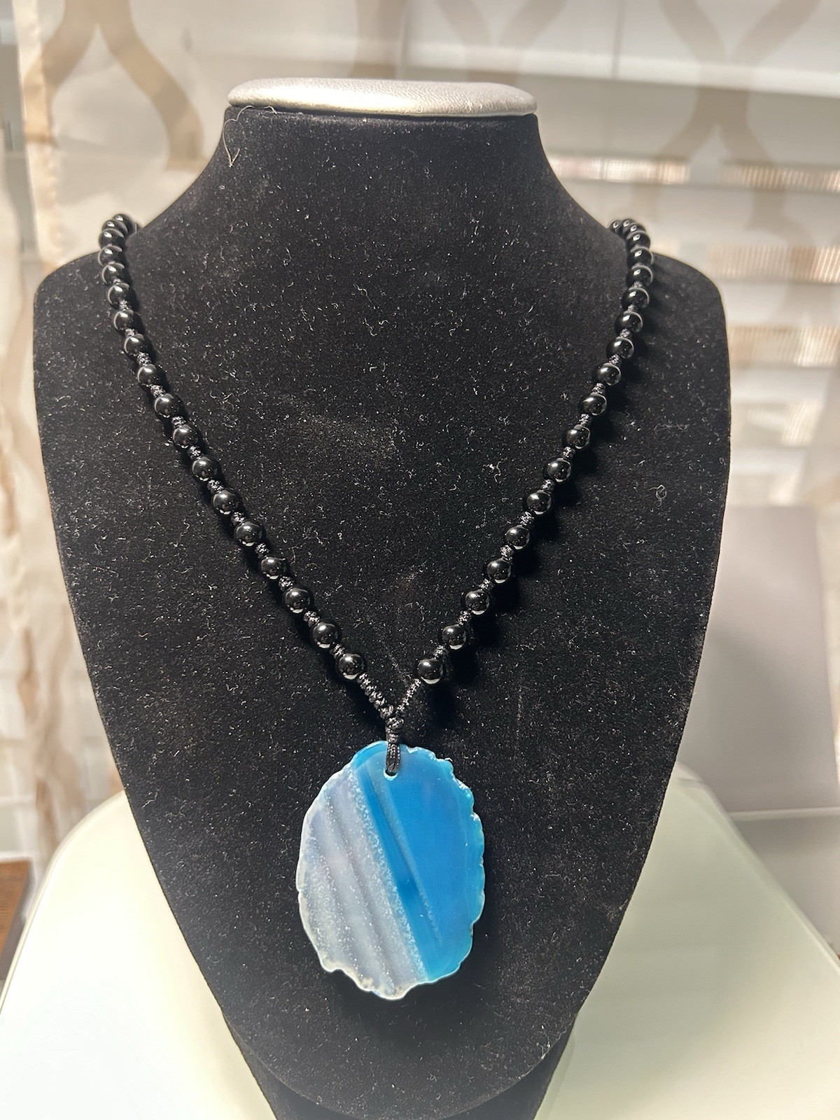 Blue Agate Slice Pendant Necklace Knotted Beaded 30, Asymmetrical Stone