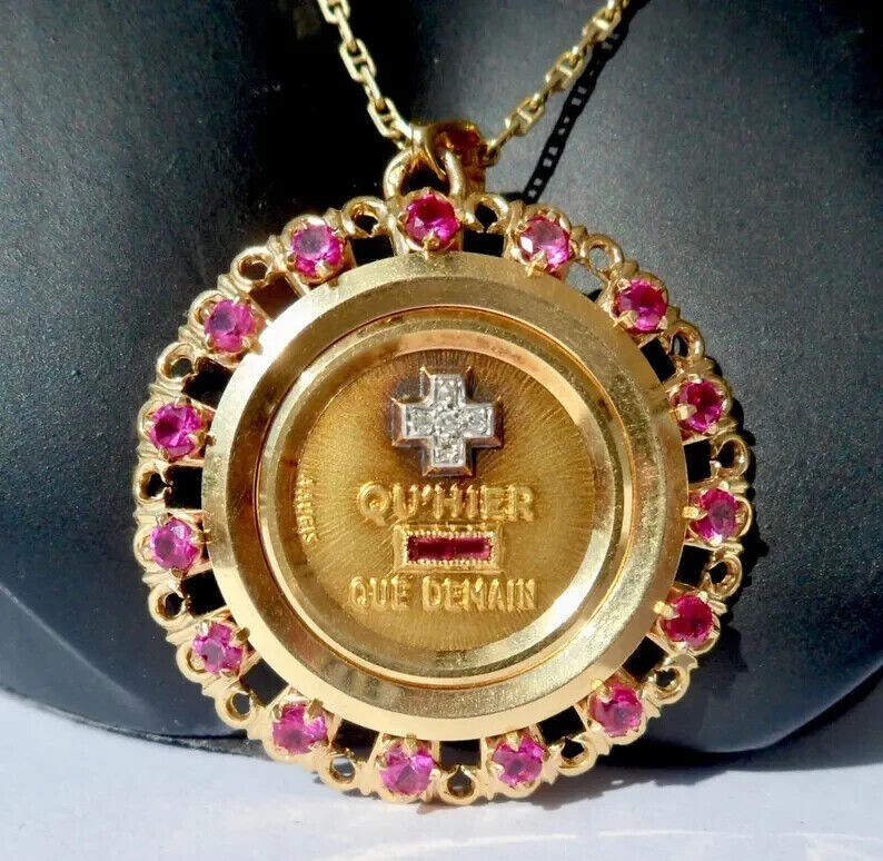 1.60 Ct Round Lab Created Ruby Vintage Love AUGIS Pendant 14K Yellow Gold Finish