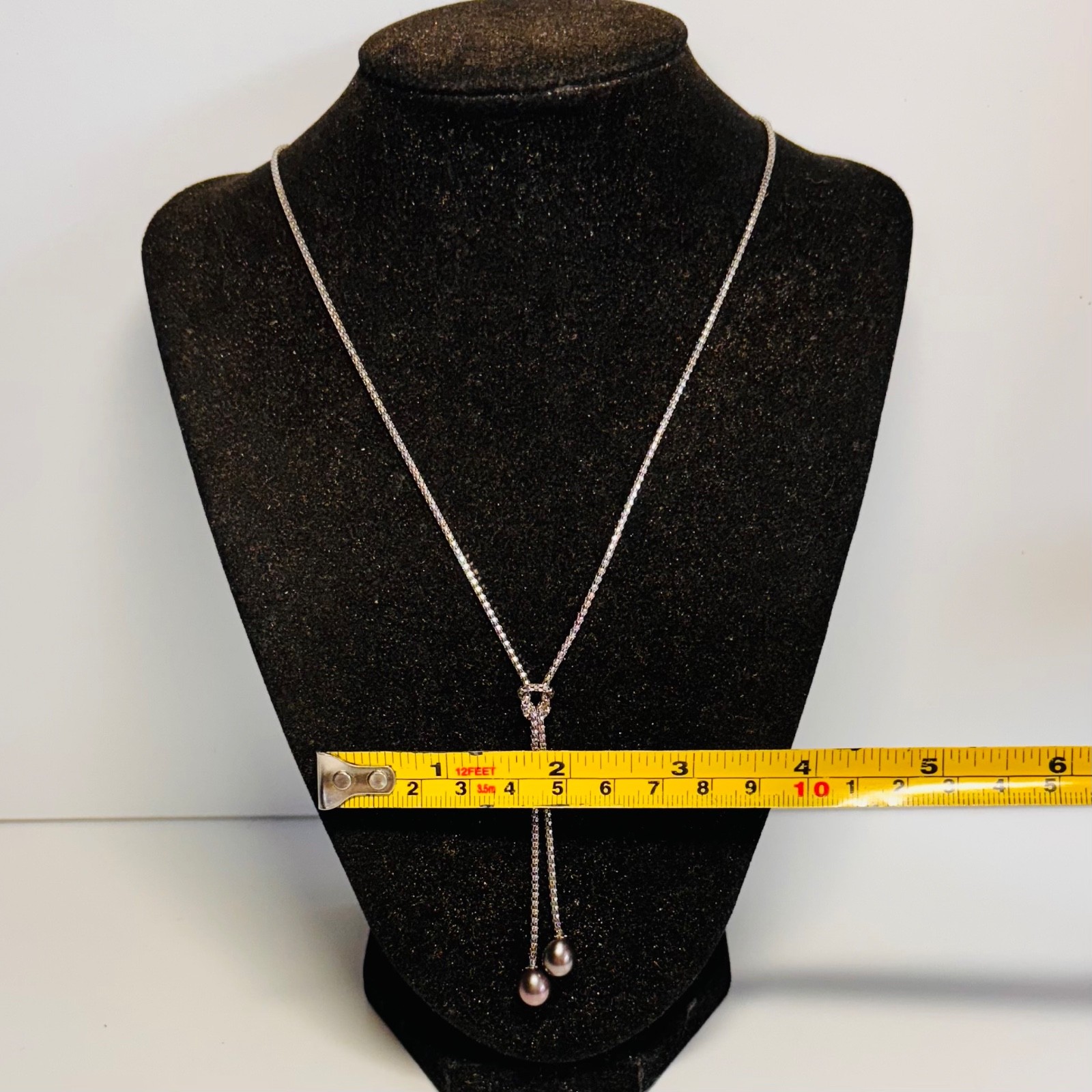STERLING SILVER necklace two genuine black pearl Y drop tassels popcorn chain