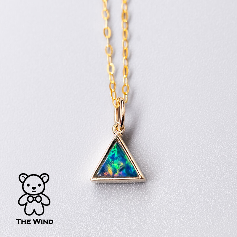 Minimalist Triangle Australian Doublet Opal Pendant Necklace 14K Yellow Gold