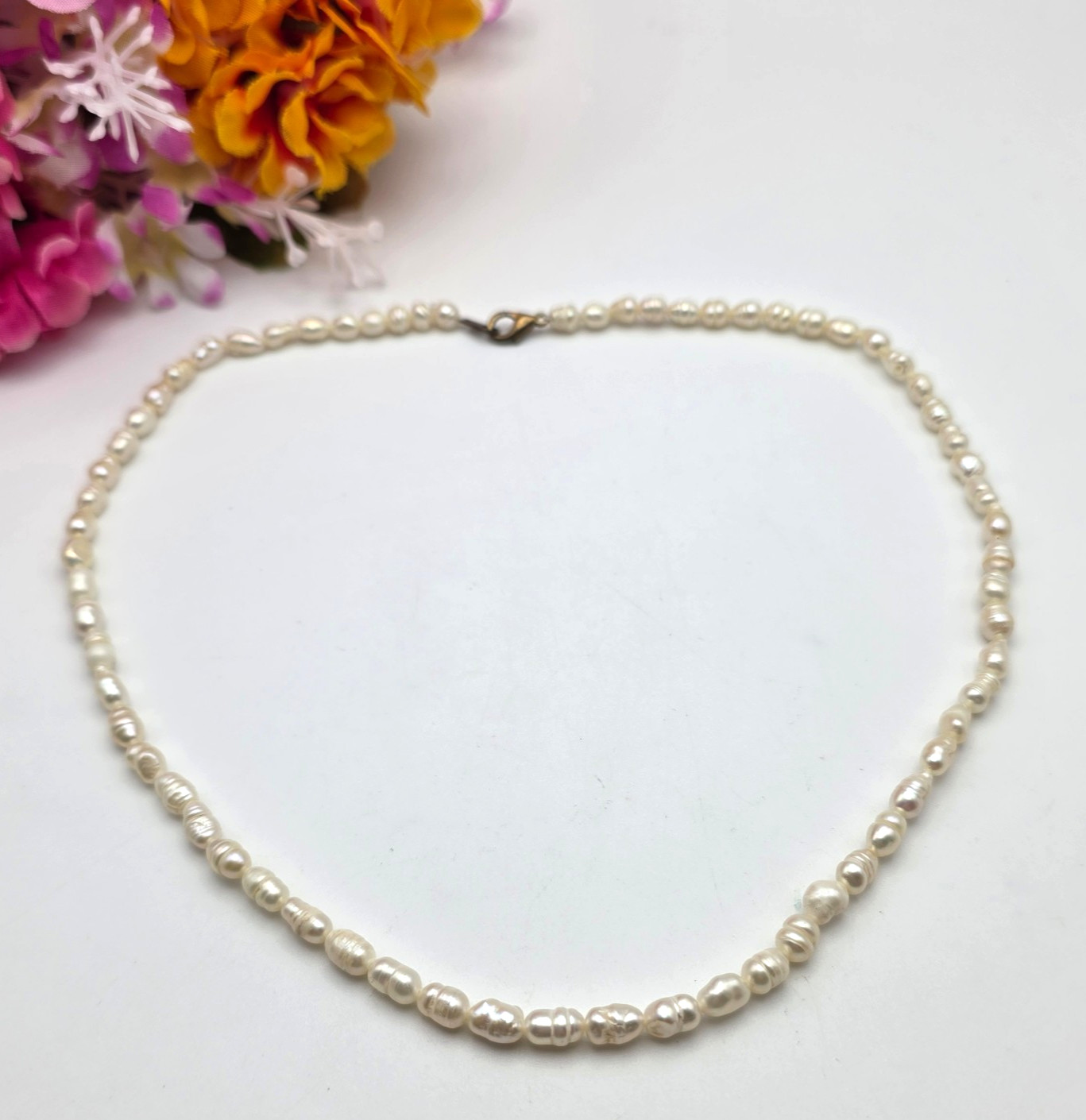 Cultured Freshwater Rice Pearl Necklace White Baroque Pearls 19 In Gold Tone
