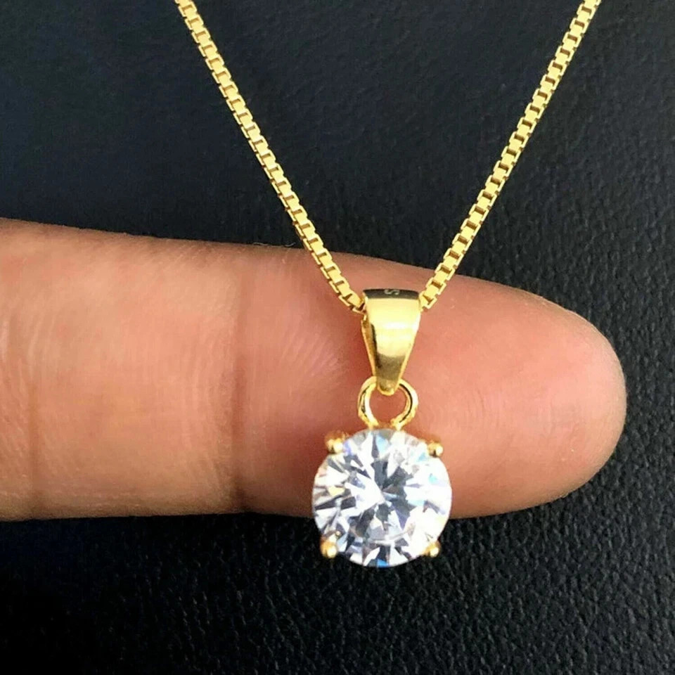 1Ct Lab Created Diamond Round Solitaire Pendant 14k Yellow Gold Finish Chain