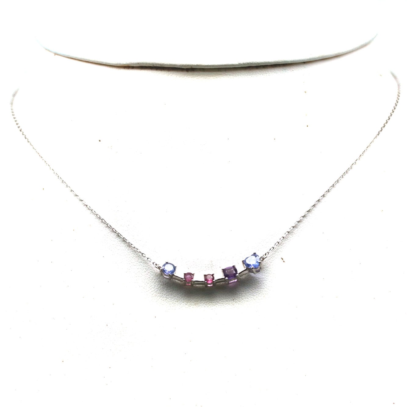 925 Silver 4 mm. Blue Tanzainte, Amethyst & Rhodolite Necklace 18.0 In.