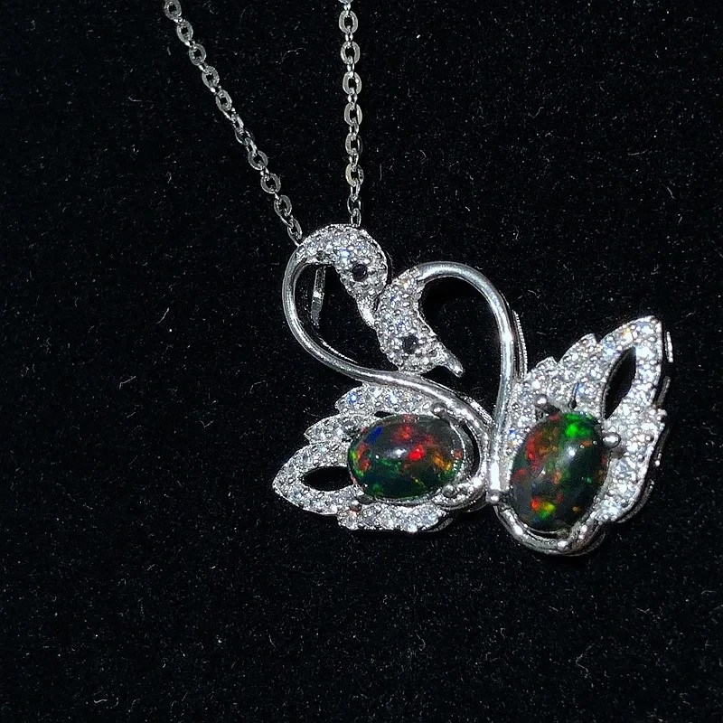 Fire Opal Swan Pendant 5x7mm, Black Opal Pendant Necklace,