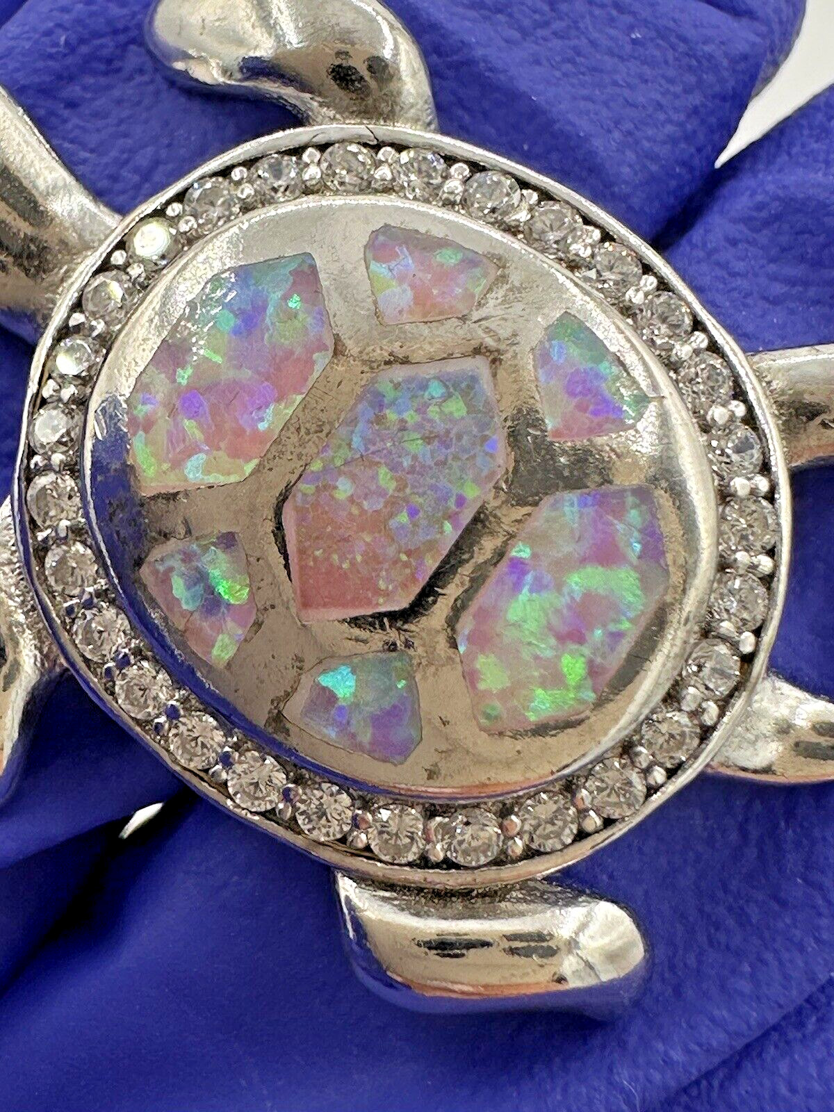 NEW Sterling Silver 925 Female Multicolor Opal Cute Sea Turtle Pendant 1.4”