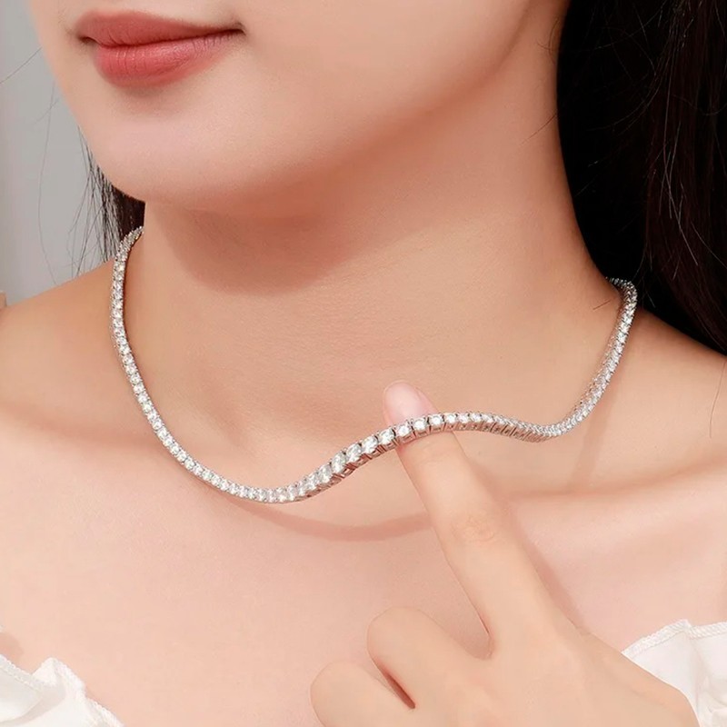 D Color Real Moissanite Tennis Necklace Women S925 Silver 18K White Gold Plated