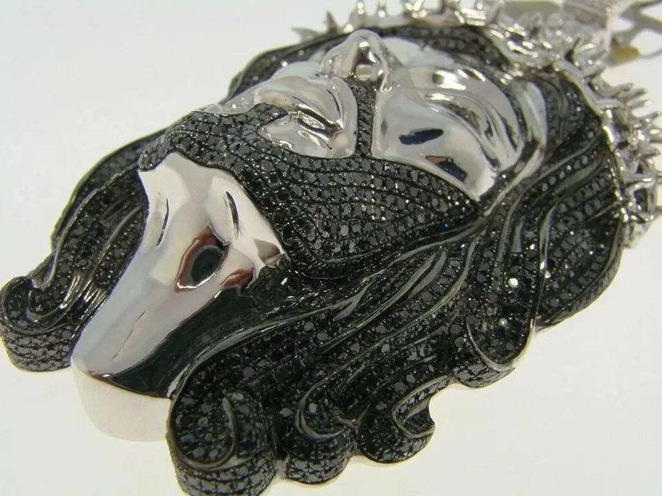Men’s White Gold Over Jesus Face 5.00 Ct Created Black Diamond Pendant Charm