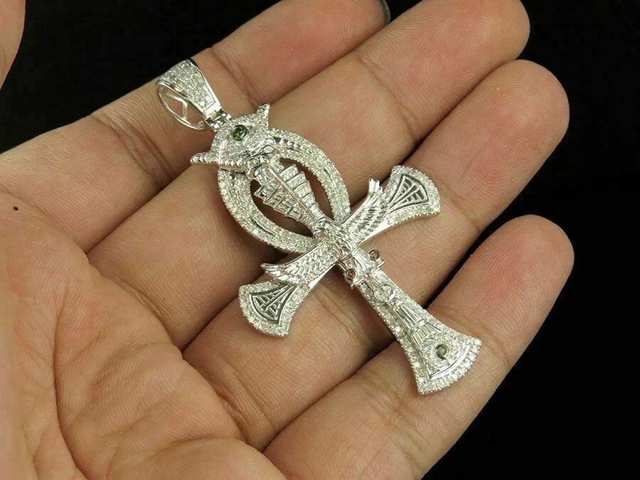 1.85Ct Lab Created Diamond Horus Eagle Cross Pendant 14K White Gold Finish