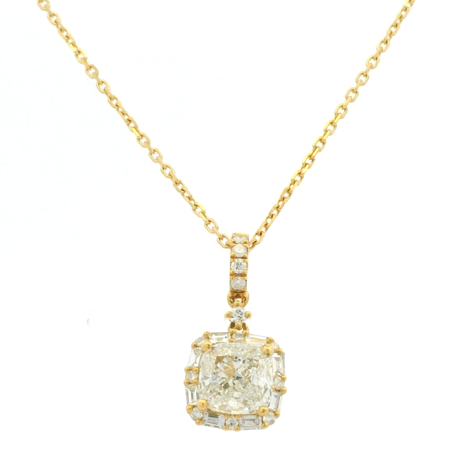 GIA 18K Yellow Gold 1.00 Carat Cushion Cut Diamond Halo Pendant Necklace