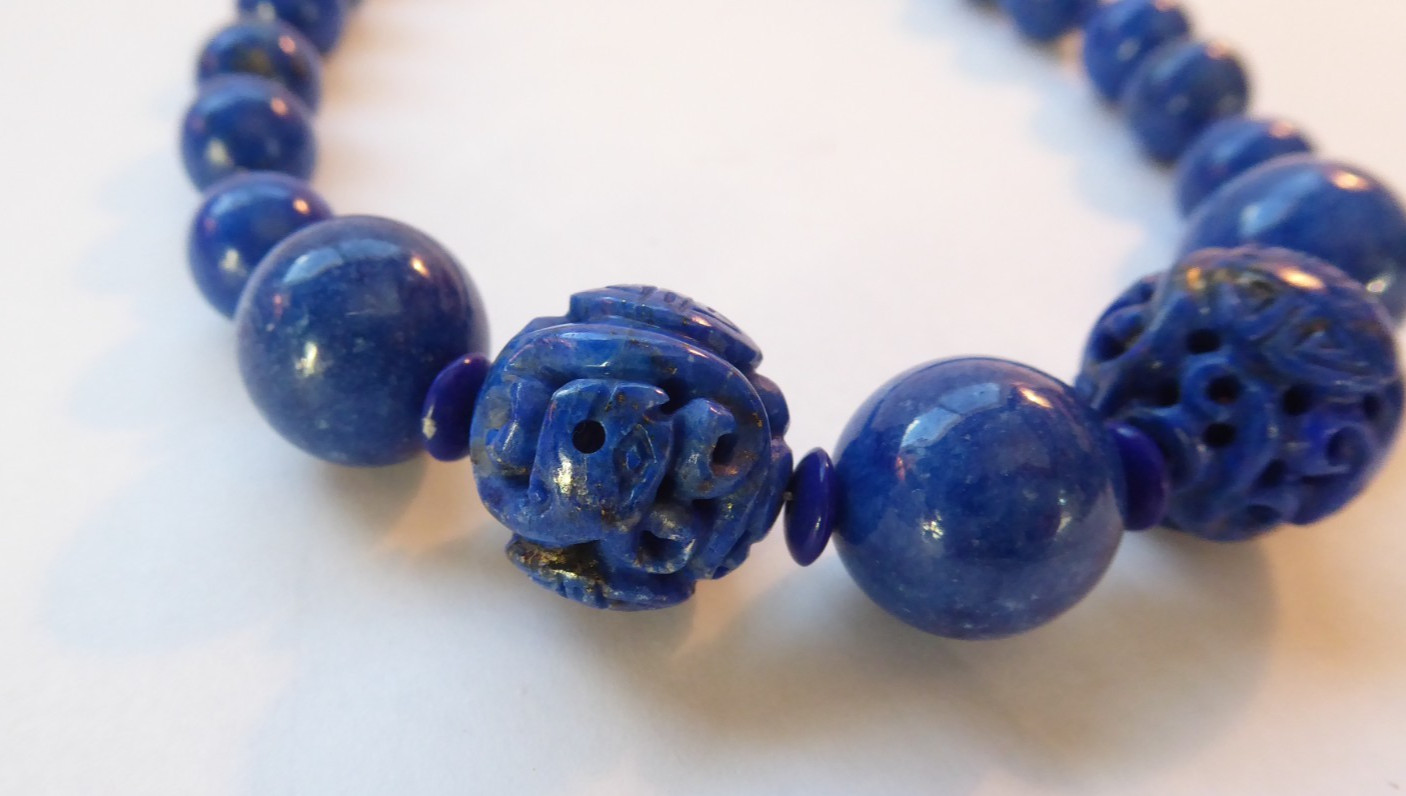 Carved Lapis Lazuli Bead Statement Necklace 15″ long 15mm & 9mm Round beads Asia