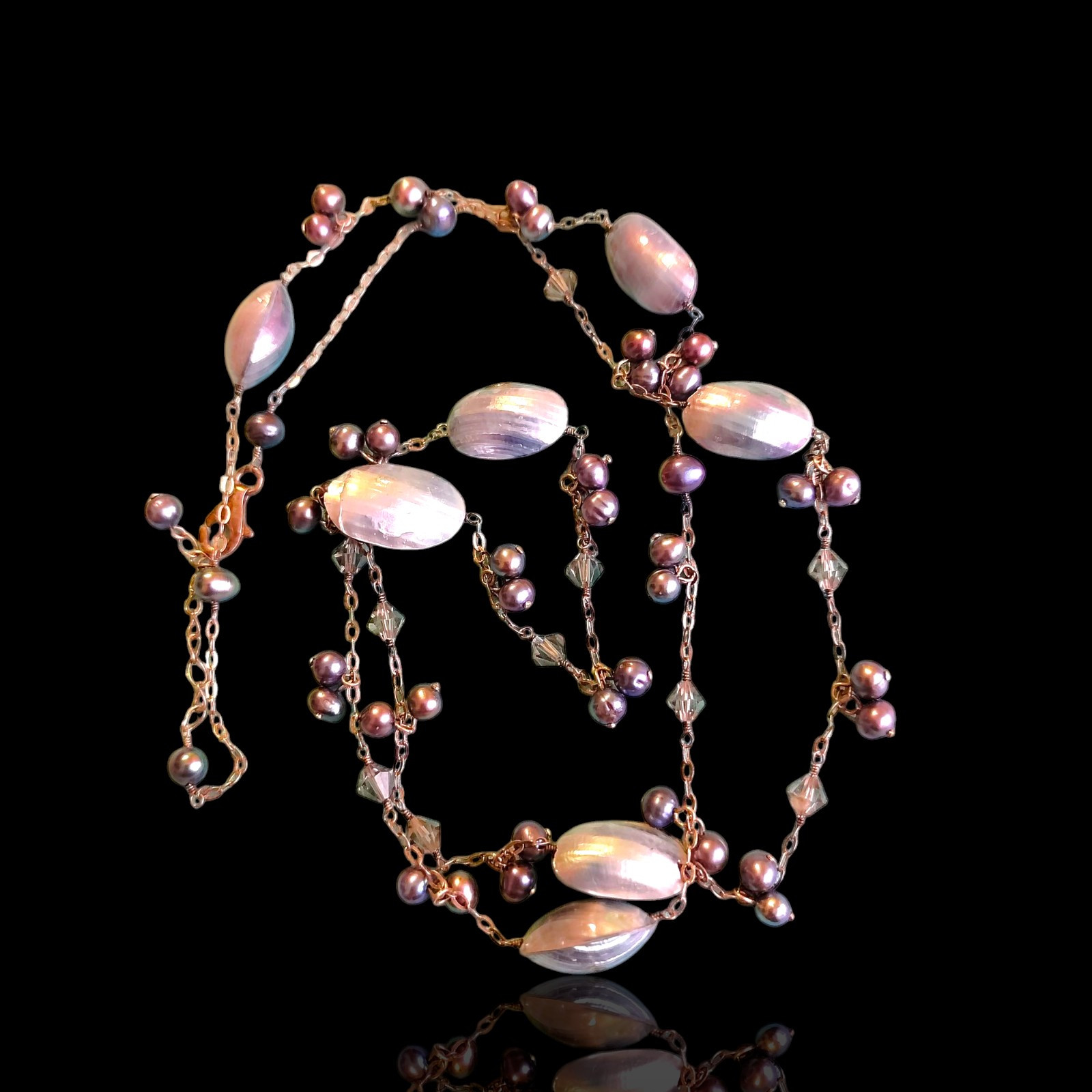 Vtg 36in Sterling Silver 925 Black & Lavender Pearl Sea Shell Station Necklace