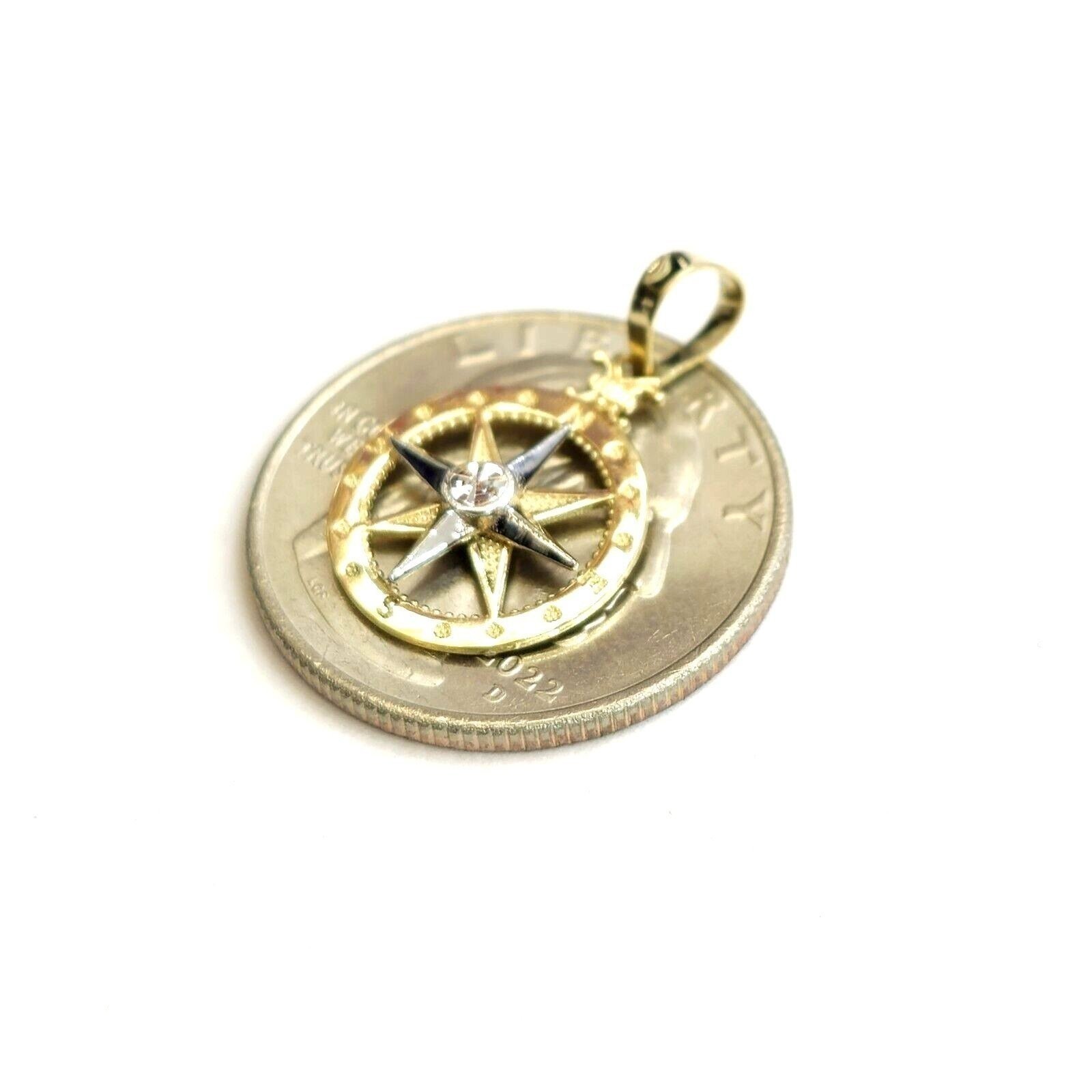 14k two tone Gold Tiny round compass pendant charm Gift fine jewelry 0.55″ 1g
