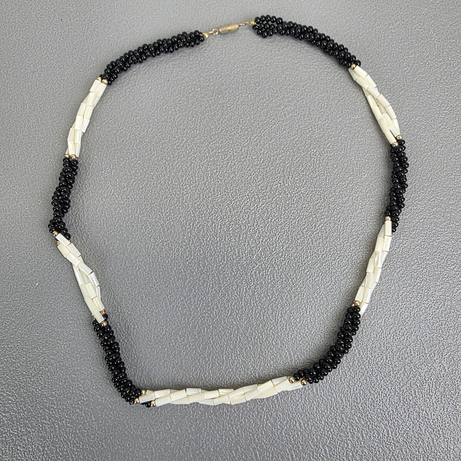 Vintage Black Beads & Mother of Pearl Twisted Multi-Strand Beaded Necklace 24″