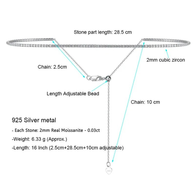 2mm Moissanite Tennis Chain Necklace Women’s Choker 925 Sterling Silver Chain