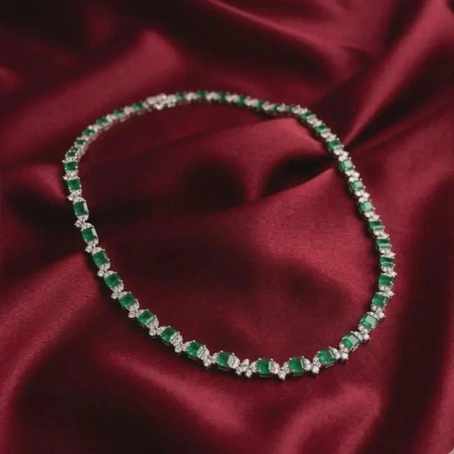 Lab-created 55ctw Emerald Diamond Tennis Necklace 14K White Gold plated