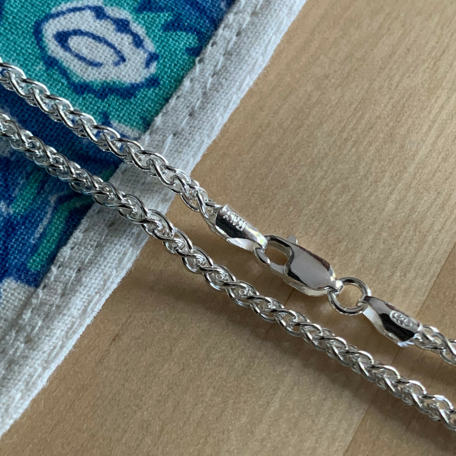 Real Solid Sterling Silver Wheat Spiga Rope Chain Necklace
