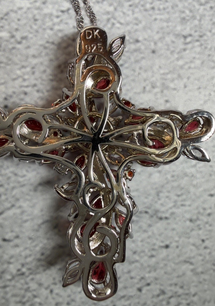 DK 925 Necklace With Deep Red And Clear Crystal Cross Pendant New!