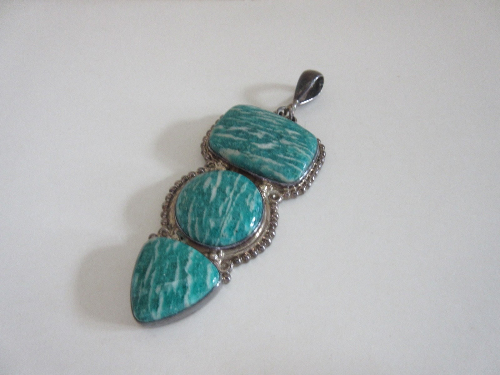 OFFERINGS SAJEN Sterling Silver 925 Three AMAZONITE Stone Large Pendant 26.9 gr