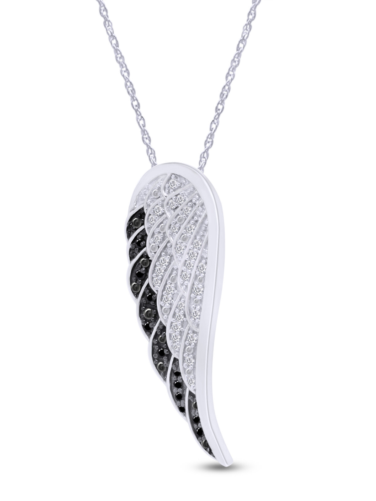 1/3ct White & Black Real Diamond Angel Wing Pendant Necklace 14K Gold, 18″ Chain