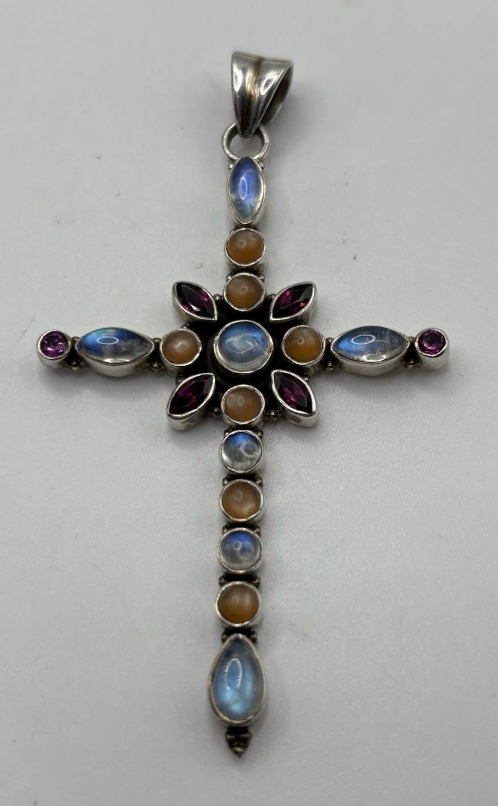 Nicky Butler Multi Gemstone Moonstone Sterling silver Cross 3″ Long 11.3g