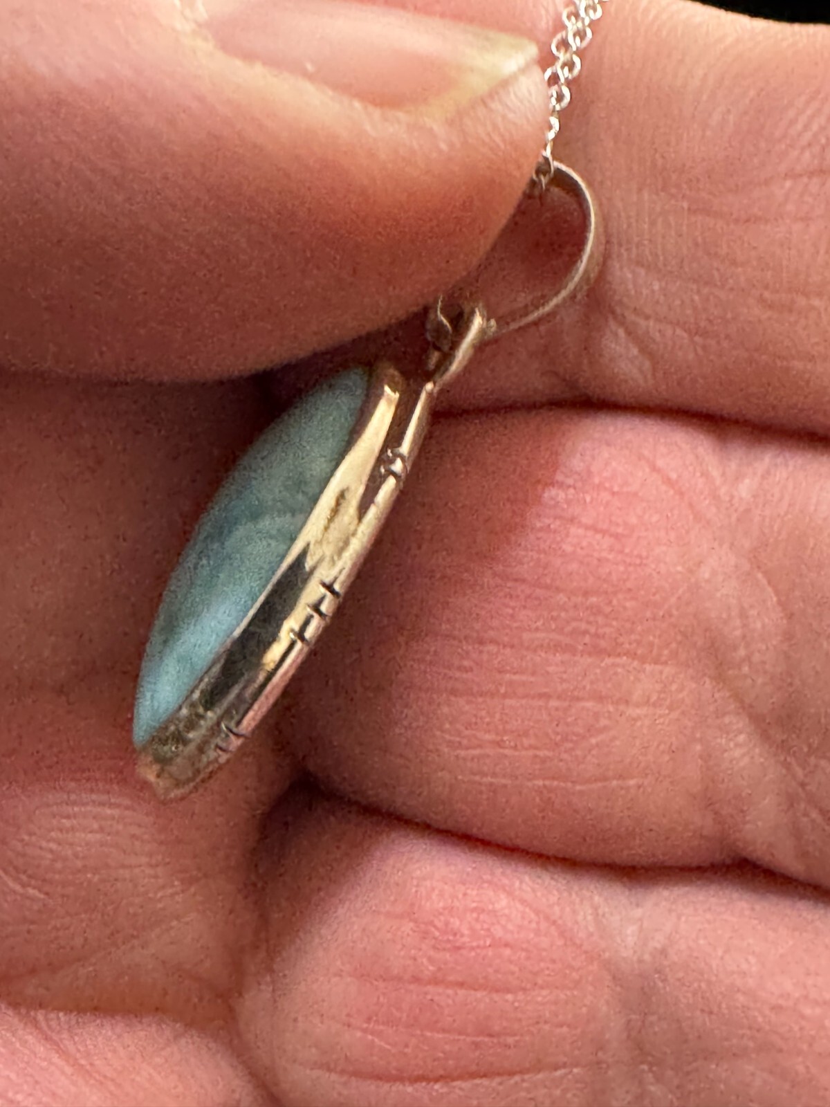 Vintage AV Sterling, silver oblong, unknown, solitary stone (Might be Larimar?)