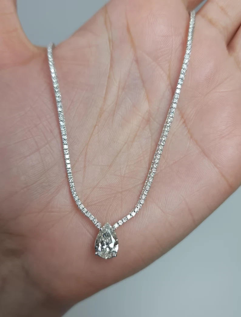 7.00Ct Teardrop Lab Created Diamond Tennis Necklace 16In 14K White Gold Plated