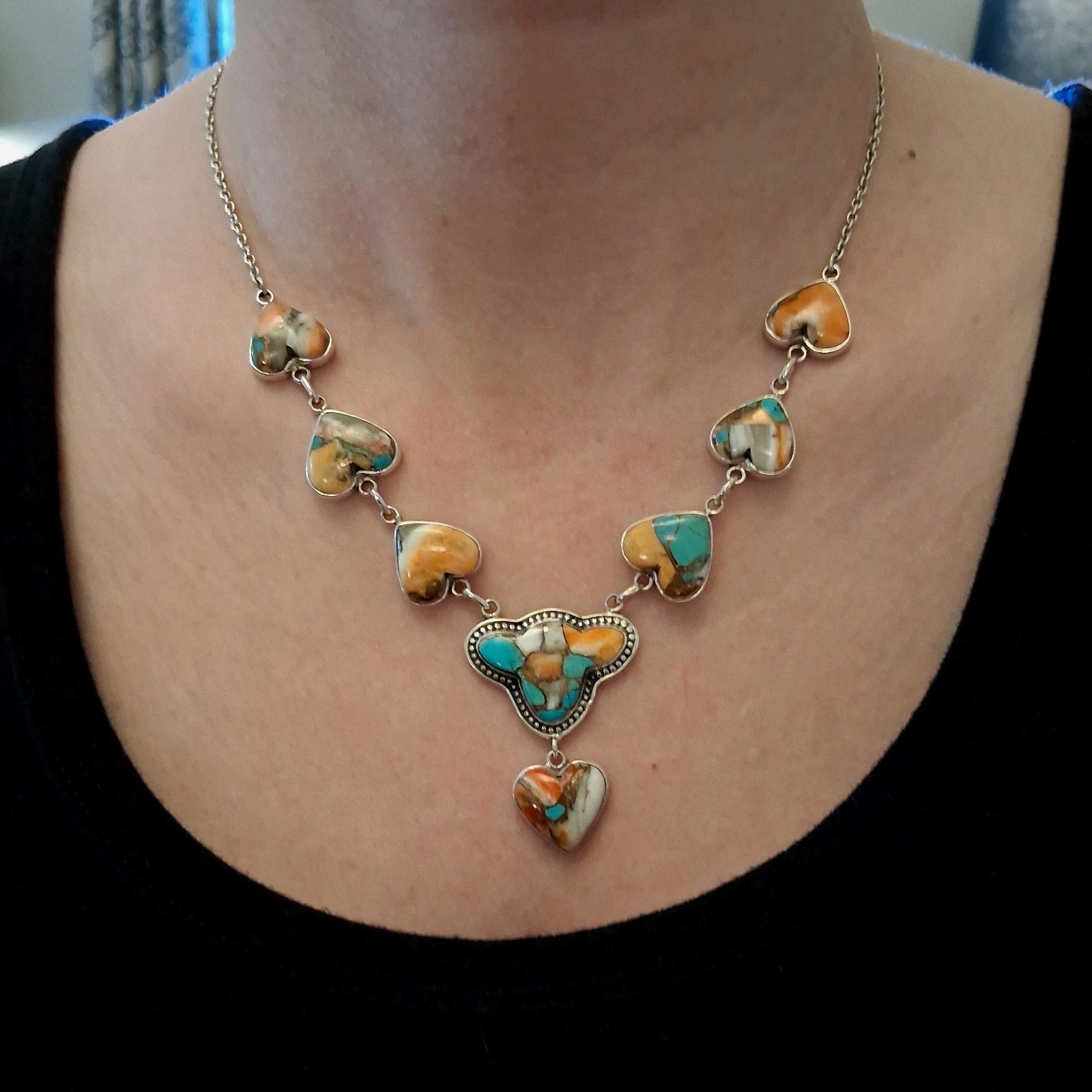 Southwestern Spiny Oyster Turquoise Necklace 19in Y Drop Design Sterling Silver