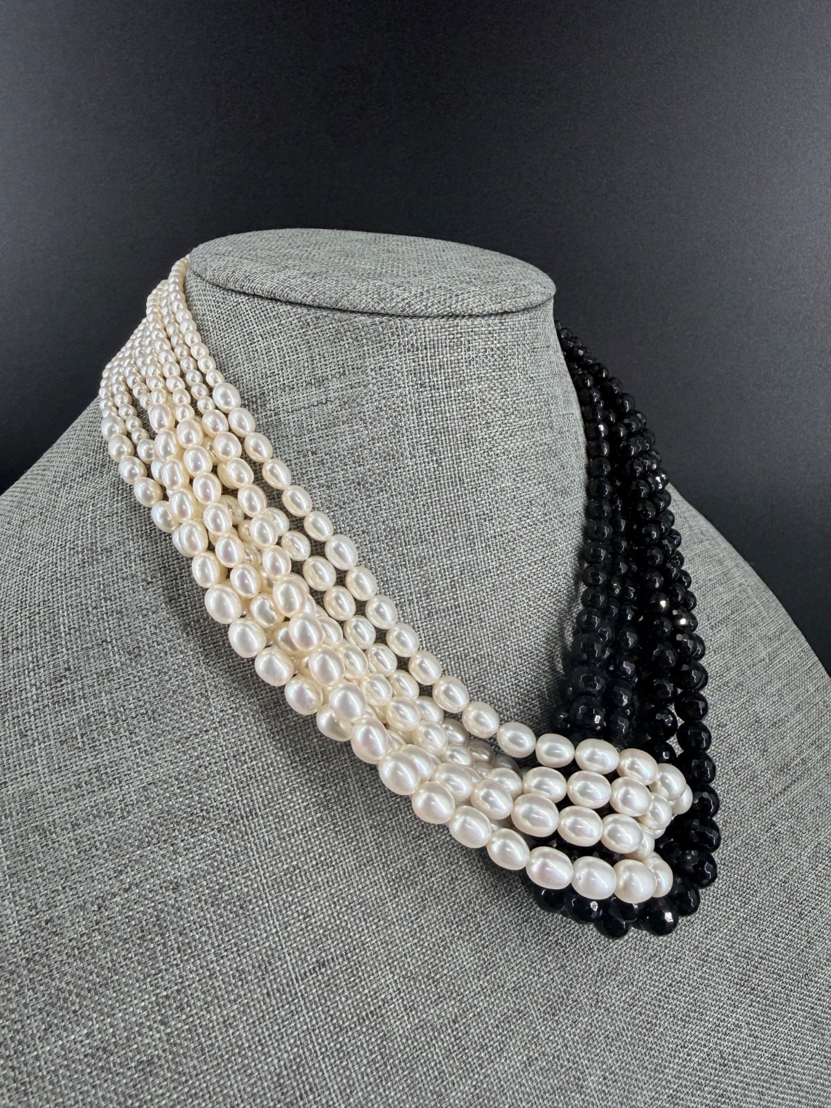 Honora Pearl Knot Necklace Multi Strand Black White Sterling 925 Statement