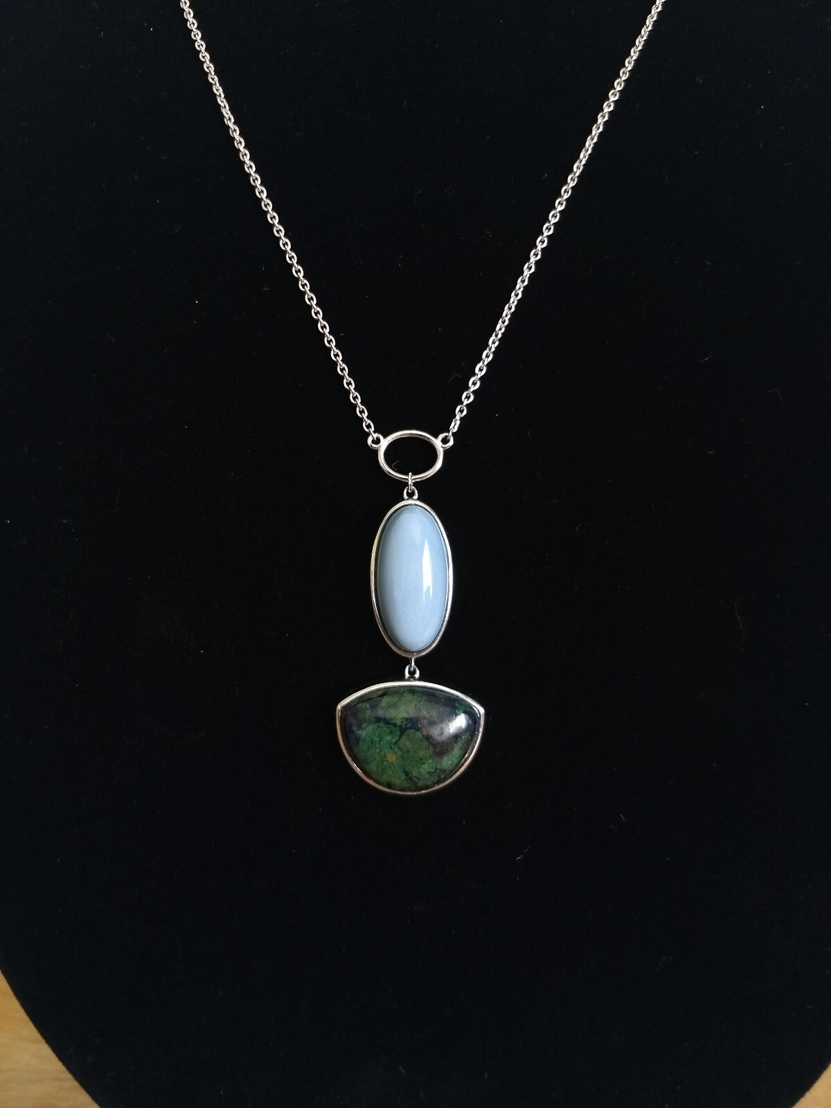 Silver 925 Necklace Double Opaque Stone Pendant Marked UTC 925 Boho Western