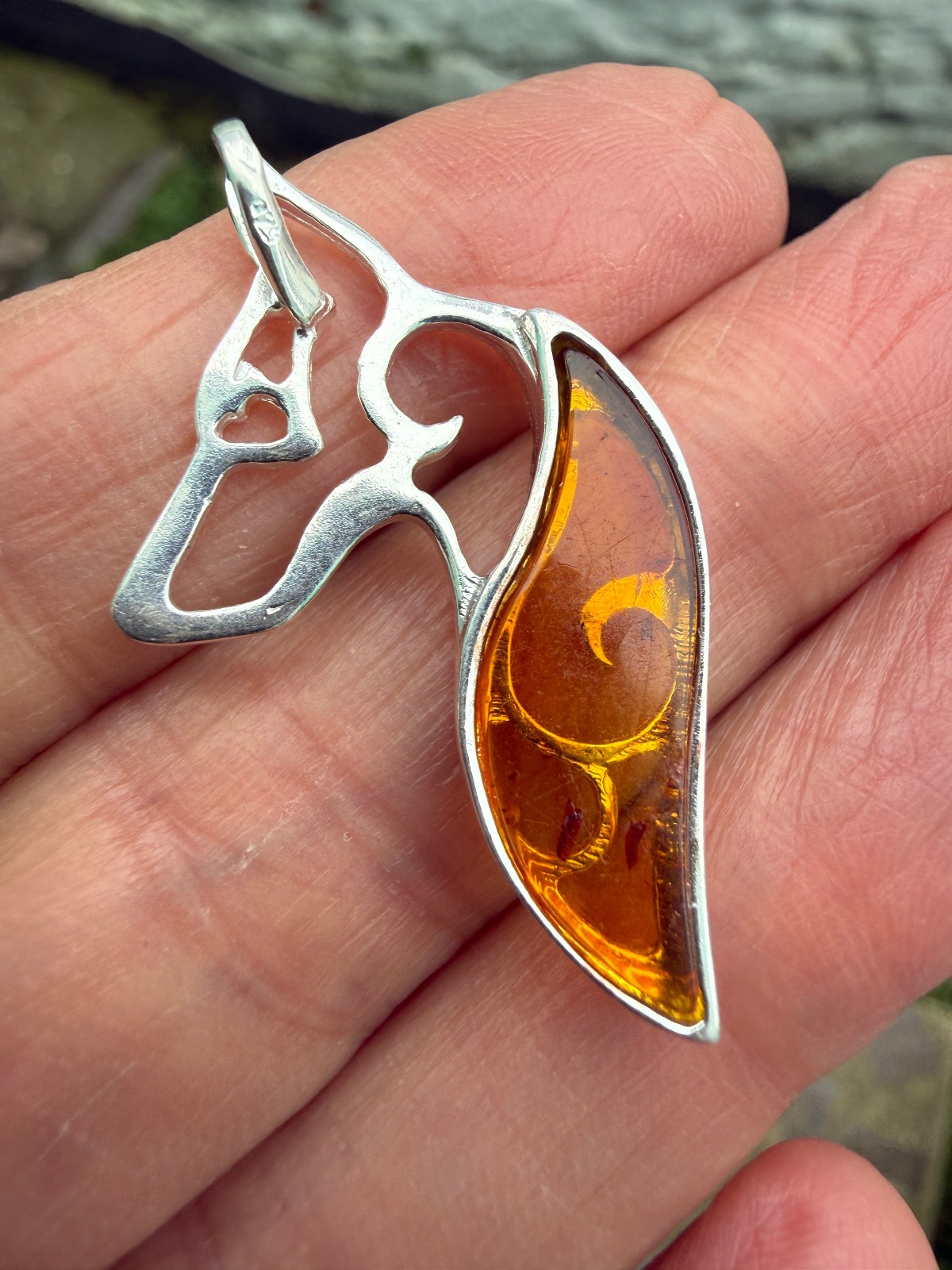 German Shepherd Dog Amber Pendant Crystal Fossil 925 Silver Lithuanian genuine