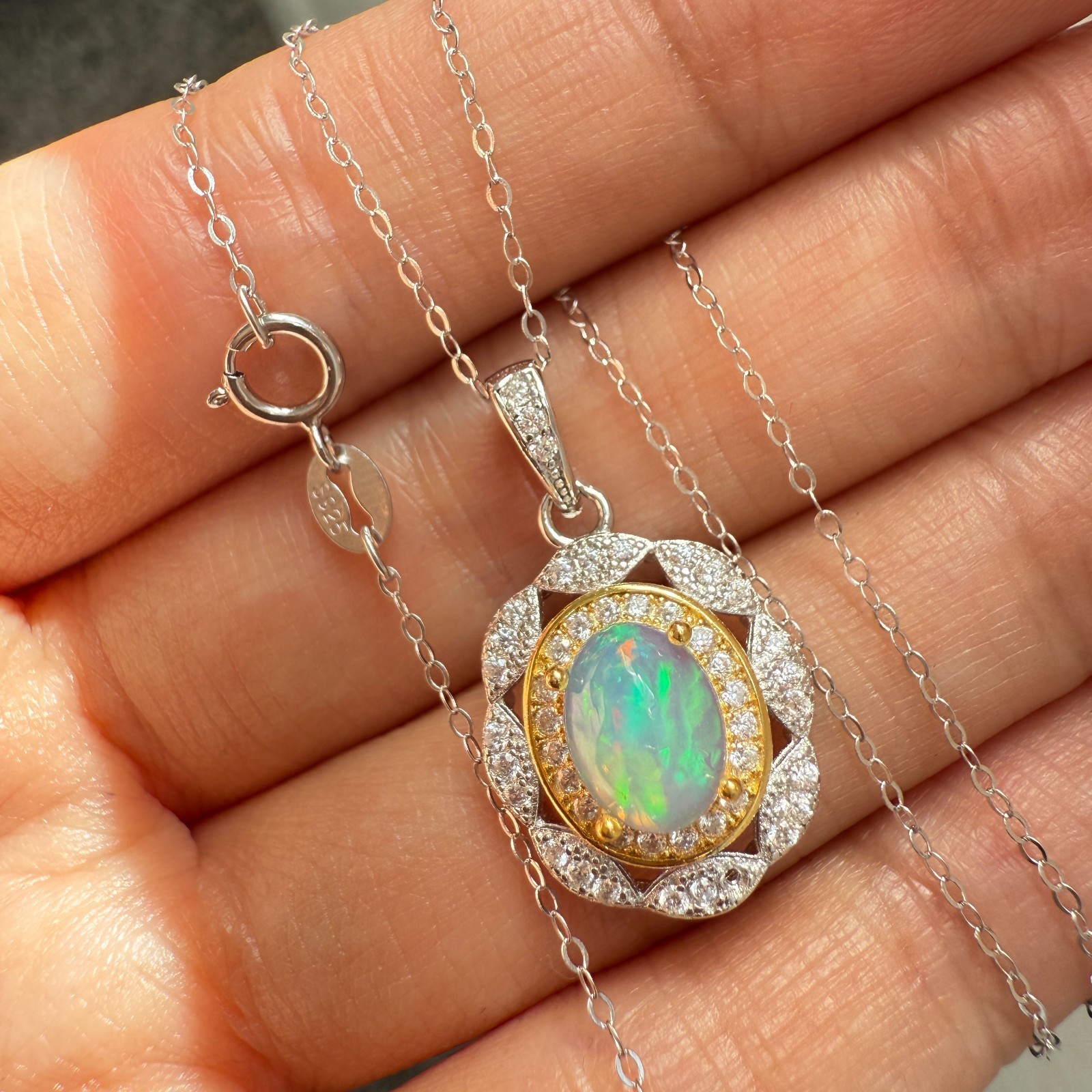 925 Sterling Silver Necklace 8x6mm Natural Opal 14K Gold Plated Flower Chain NEW