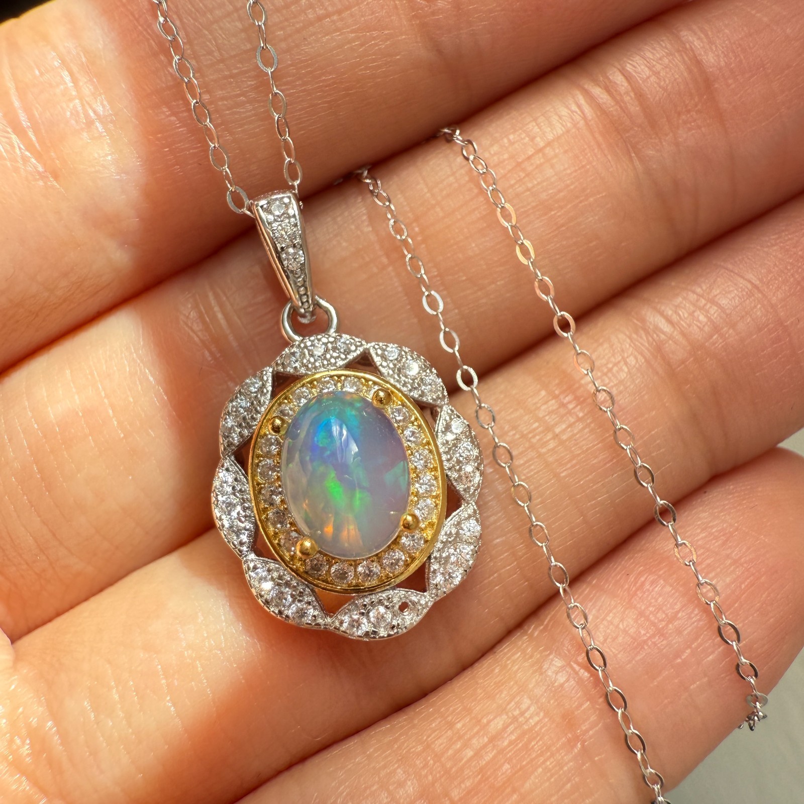 925 Sterling Silver Necklace 8x6mm Natural Opal 14K Gold Plated Flower Chain NEW