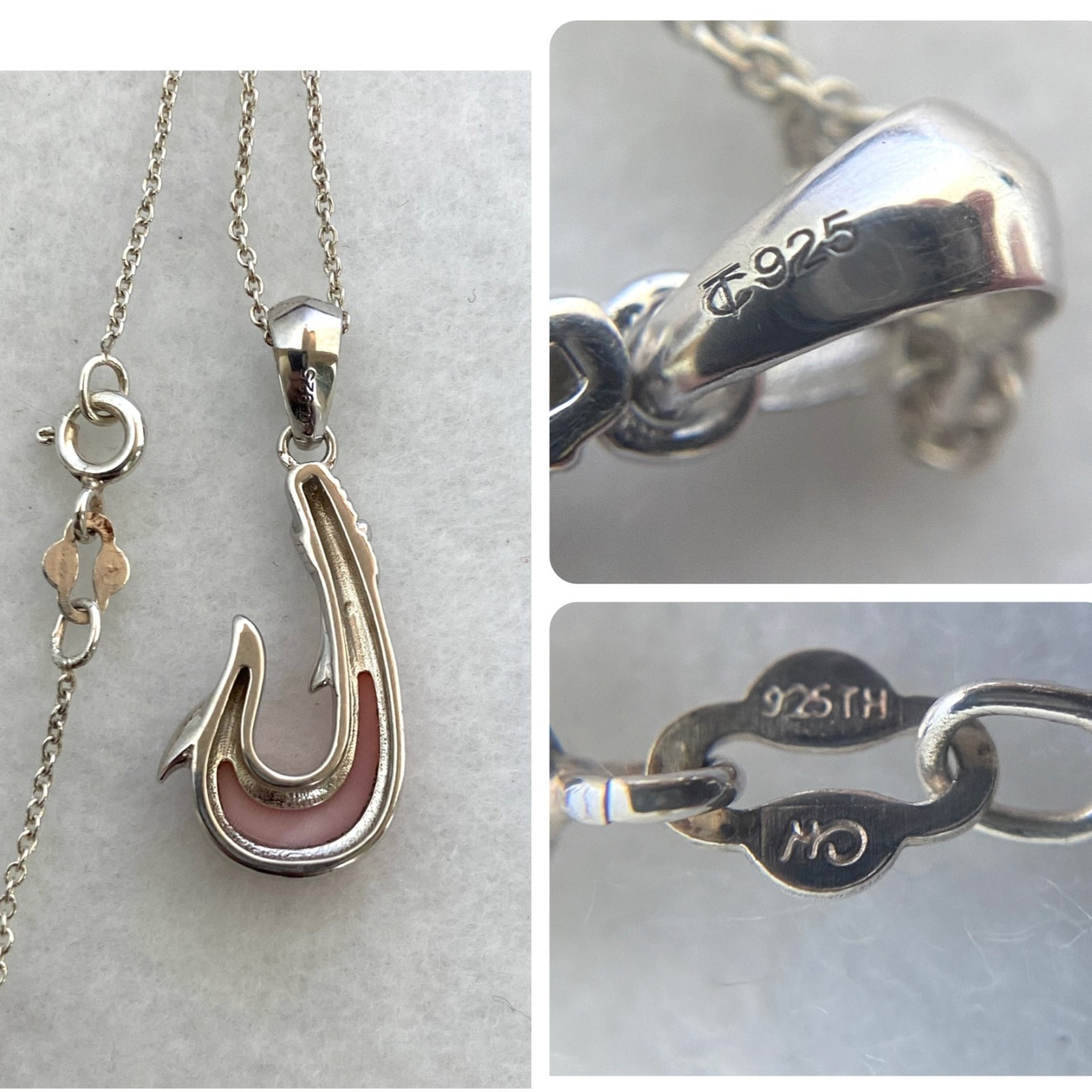 Sterling Silver 925 Pink Conch Maui Fish Hook Pendant Necklace 18″ Cable Chain