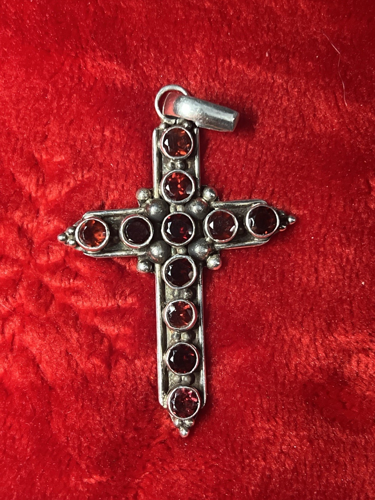 Silver Cross Pendant with Deep Red Stones Stamped 925 Sterling Silver