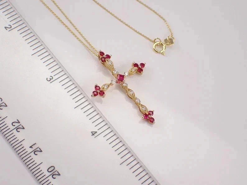 1.60CT Round Cut Lab-Created Red Ruby Women Cross Pendant 14K Yellow Gold Plated