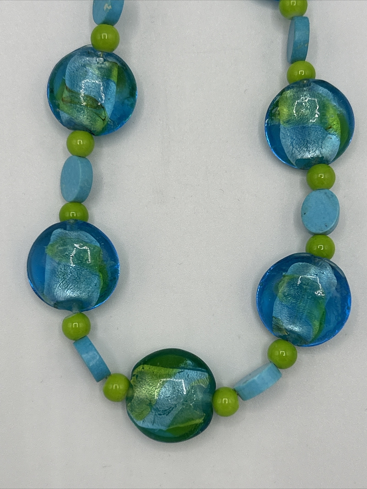 Vtg Foil Blue Art Glass Sleeping Beauty Turquoise Lime Green Bead Necklace 18″