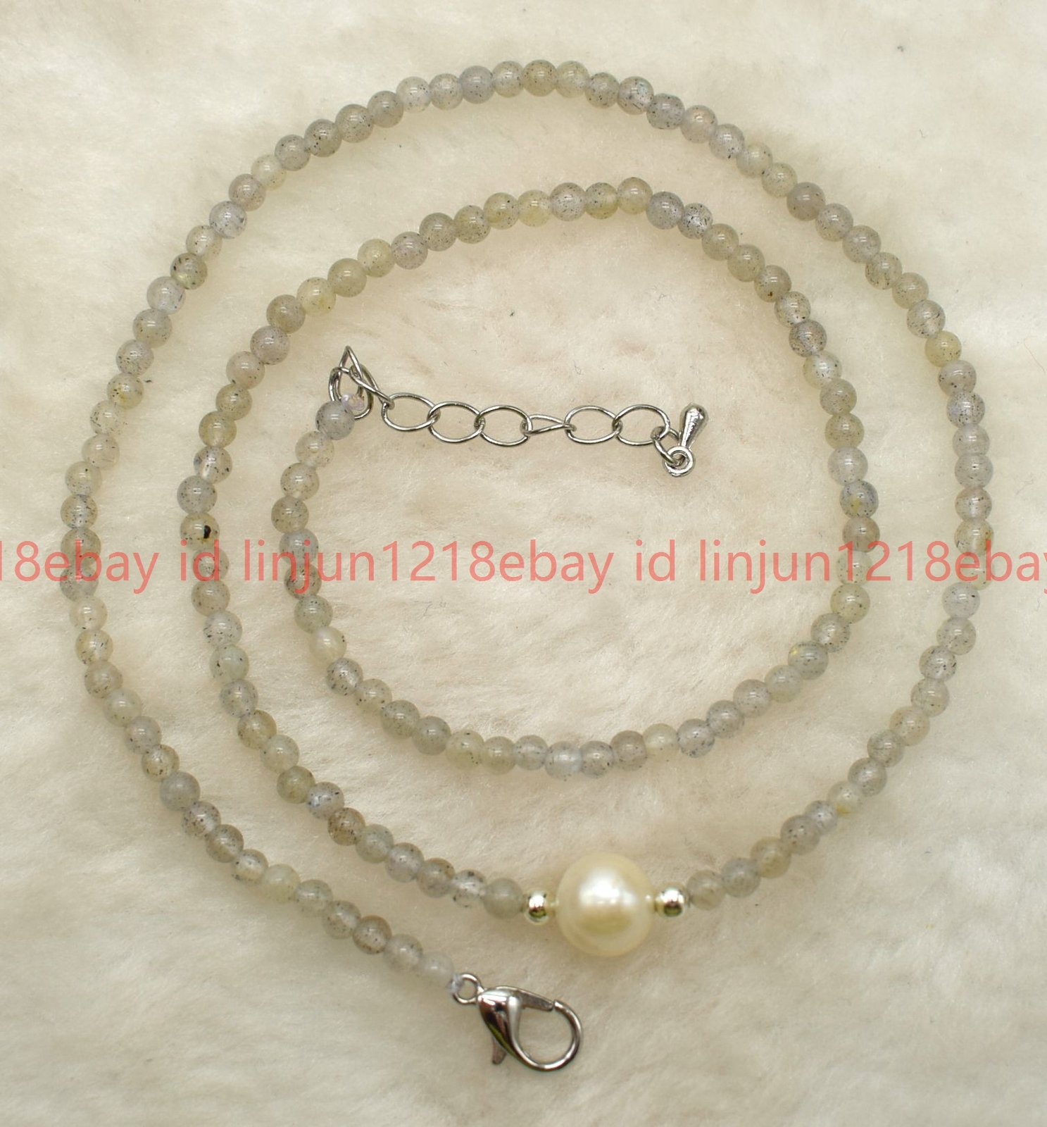 Faceted 3mm Gray Labradorite Round Gemstone Beaded White Pearl Necklace 16-28in