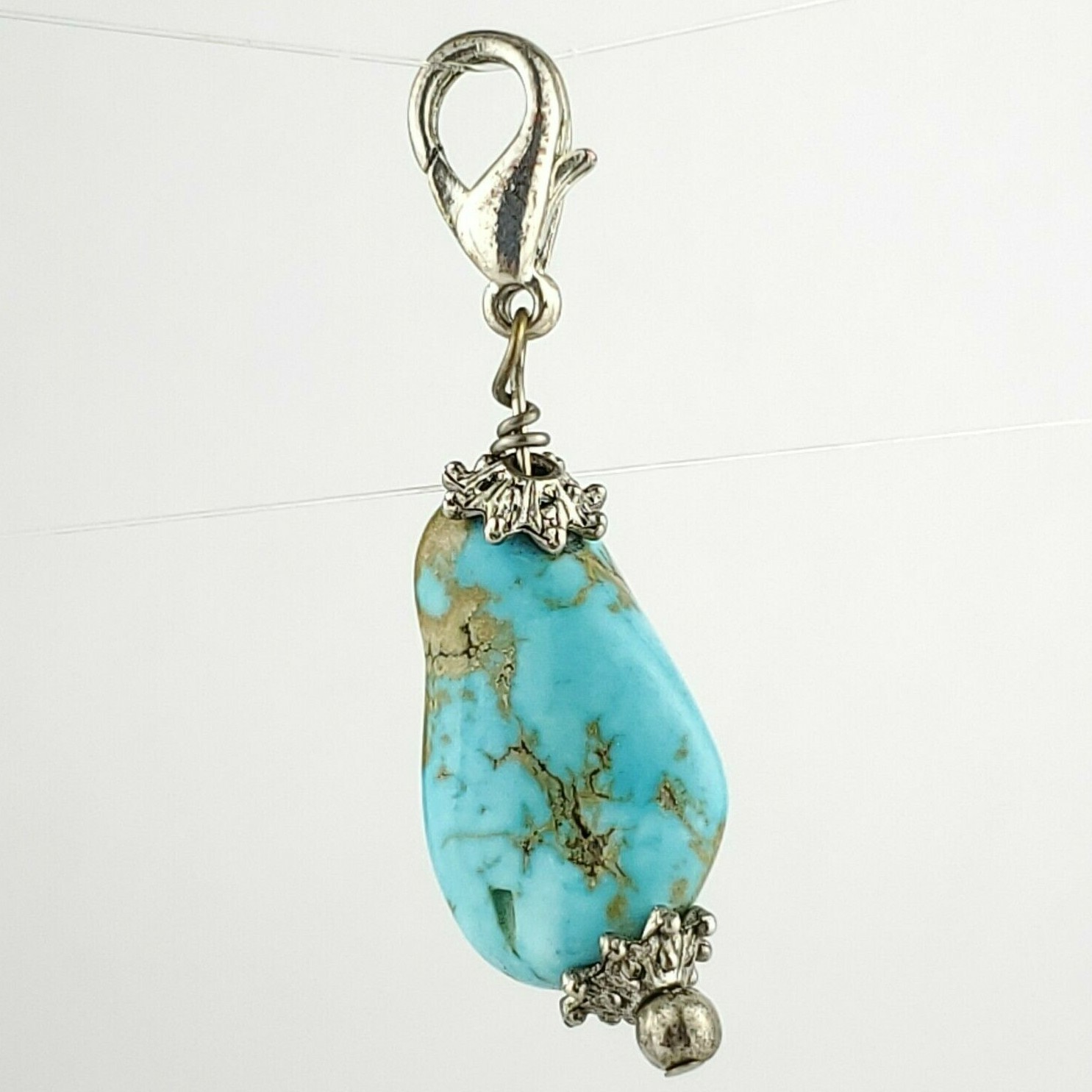 Handmade Turquoise Stone Nugget Charm Pendant Silver Tone Metal Lobster Clasp 2″