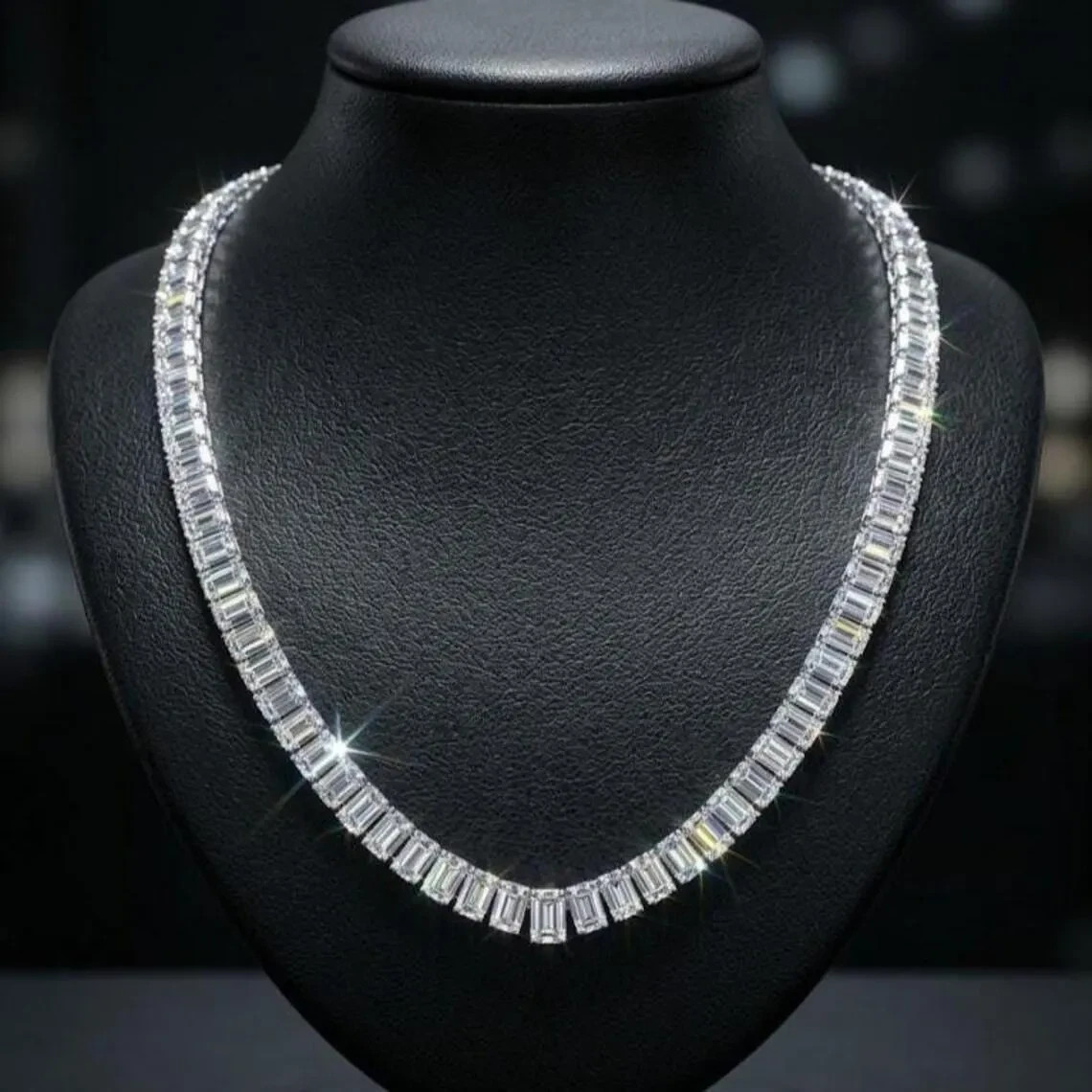 Baguette Diamond Tennis Necklace, Silver Tone, Elegant Statement Bridal Jewelry