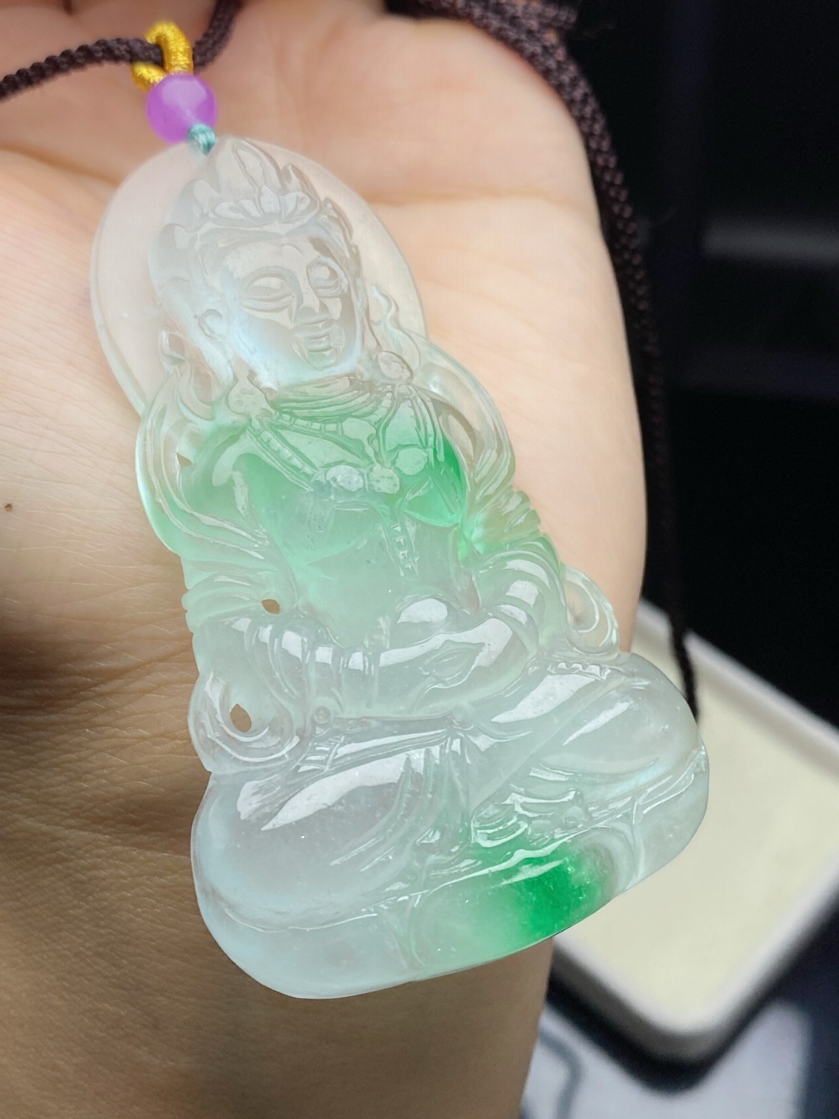 Natural Jadeite light green Carved Guanyin Lucky big Pendant jade Amulet 观音