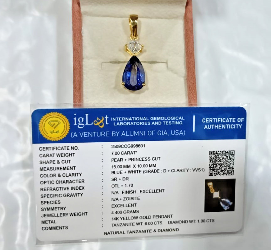 5.50ct Pear Cut Natural Tanzanite Gemstones Diamond Pendant Real 14K Yellow Gold