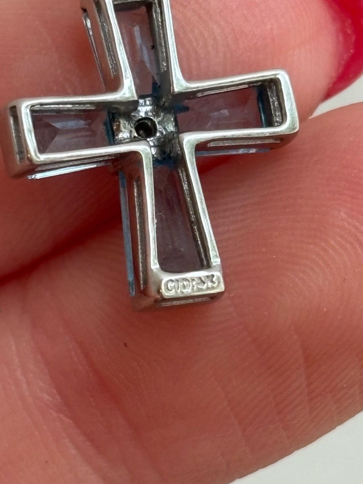 14k White Gold Vintage Diamond Blue Topaz Gemstone Cross Pendant