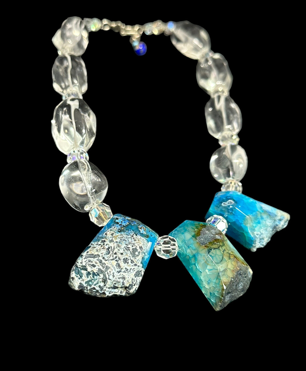 Natural Blue Larimar Necklace Clear Rock Crystal Beads 21 in Raw Gemstone