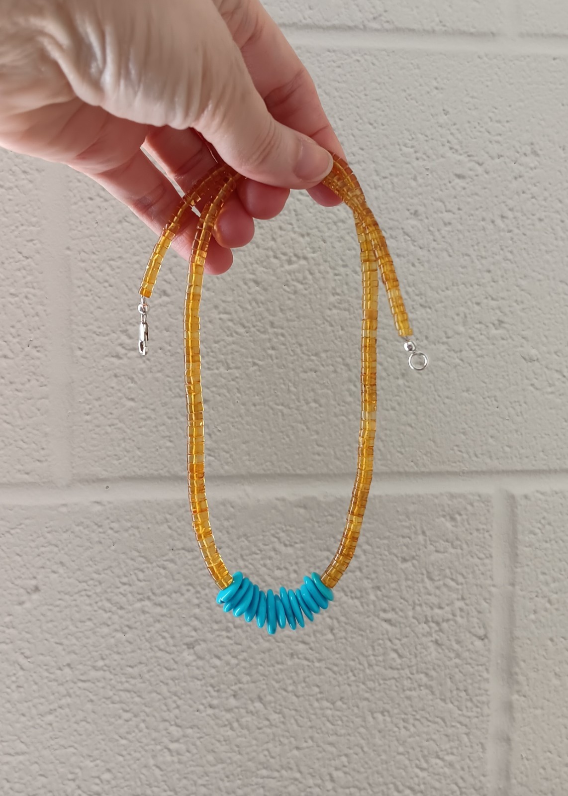 Beautiful Natural Amber Heishi And Sleeping Beauty Turquoise Necklace 21 In 925