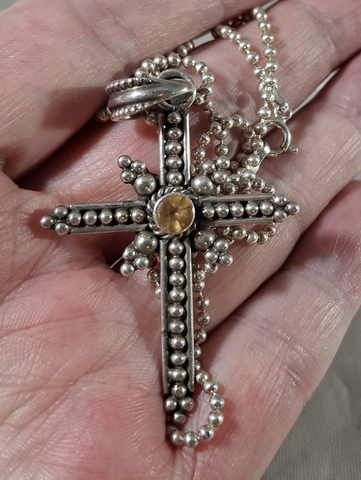 Vintage Taxco Sterling Silver Beaded Citrine Gem Cross Pendant Necklace 21 in