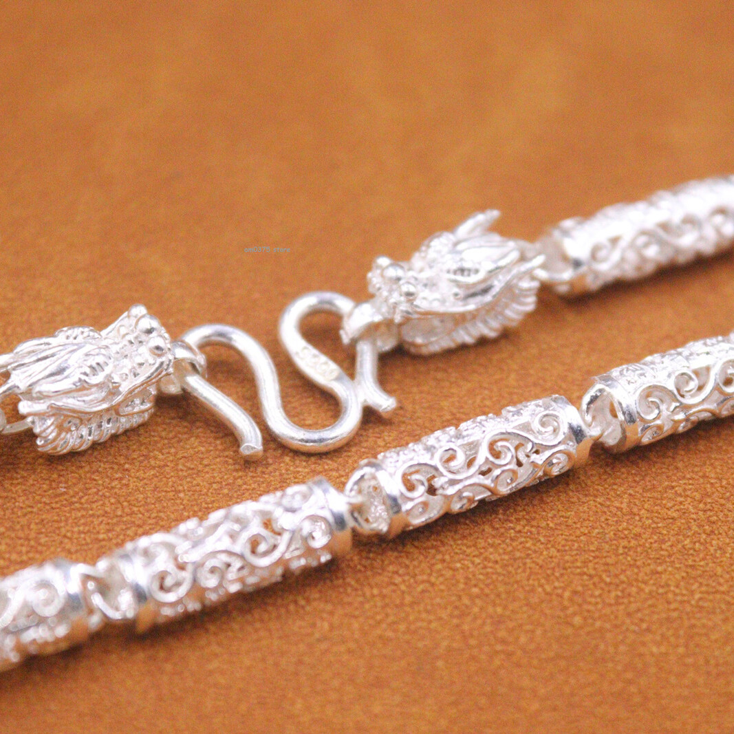 Pure 999 Fine Silver Necklace Men Women 6mm Dragon Head Beaded Link Chain 20inch